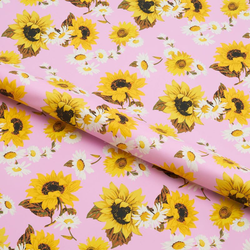 Sunflowers on Pale Pink Printed Spandex Fabric | Blue Moon Fabrics