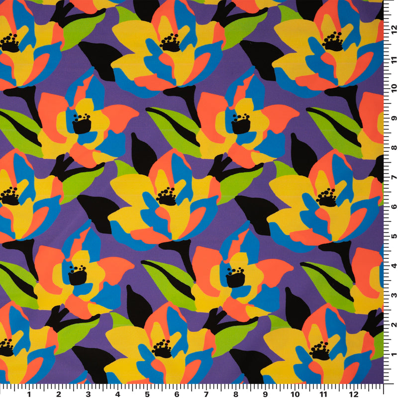 A flat sample of Abstract Painted Lilies Printed Spandex in Multi-Colored.