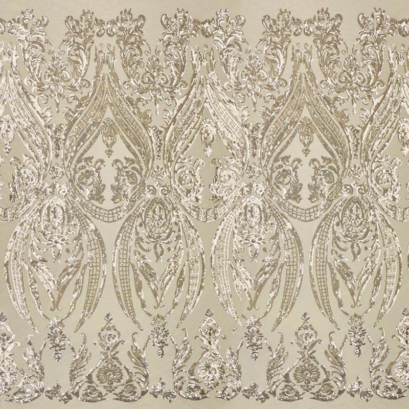 A panel of Amelia. Early Hollywood-inspired design with embroidered gold sequin on a tan stretch mesh base.