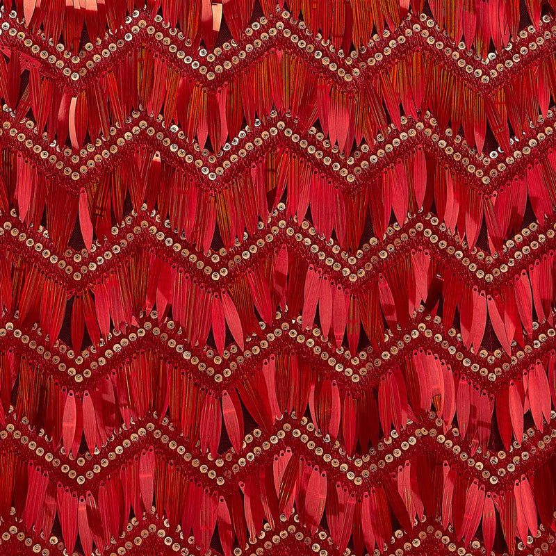 A flat sample of athena embroidered mesh sequin in the color red.