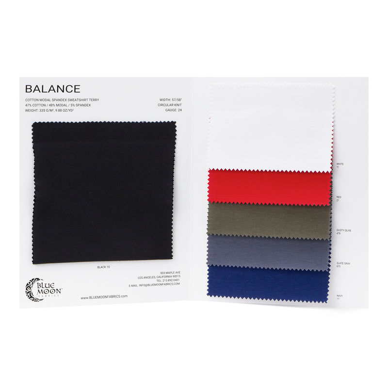 A sample of SPANDEX-INSIDE Balance Cotton Modal Terry Spandex Color Card in Blue Moon Fabrics with all color options