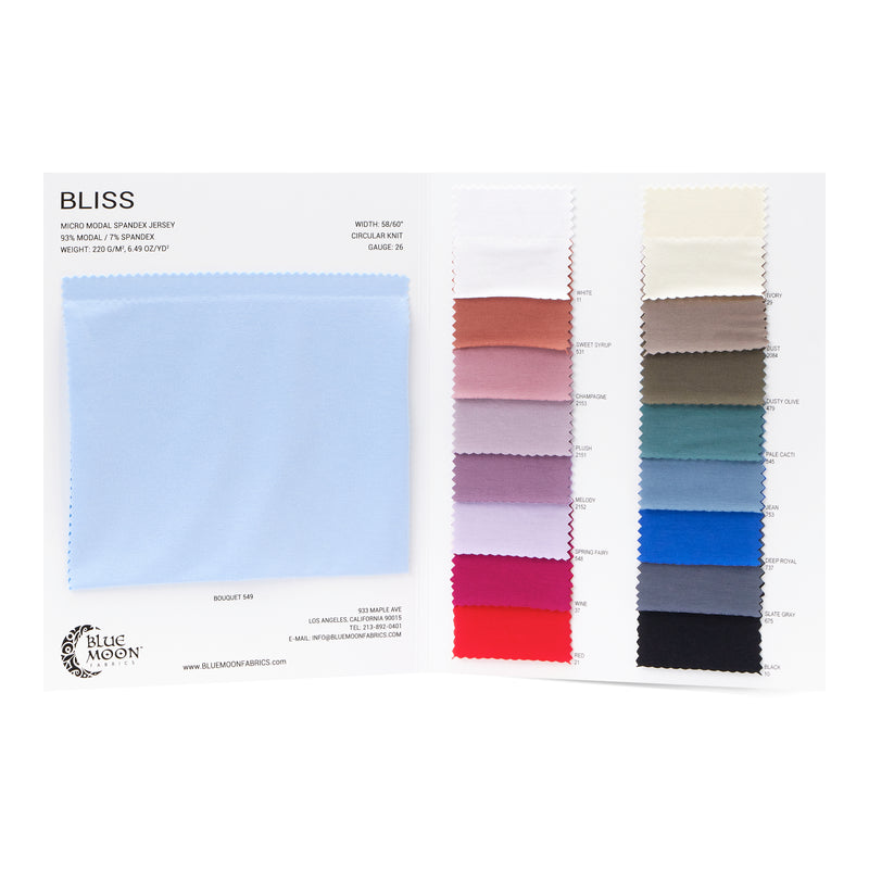 A sample of SPANDEX-INSIDE Bliss Micro Modal Spandex Jersey Color Card in Blue Moon Fabrics with all color options