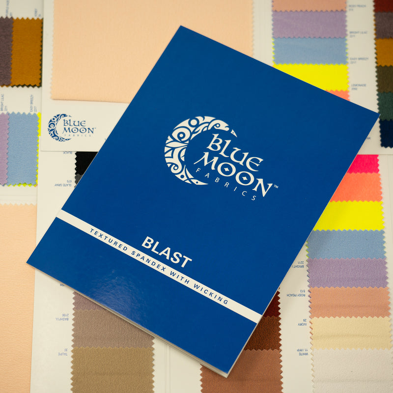 A flat cover sample of Blast Textured Spandex Color Card