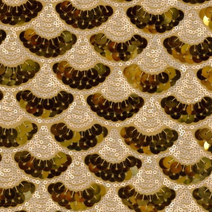 A flat image of burlesque stretch mesh sequin in the color gold.
