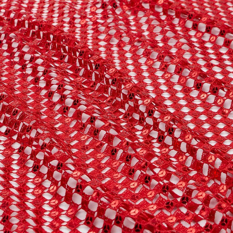 A flat sample of chequered knitted lace sequin in the color red.