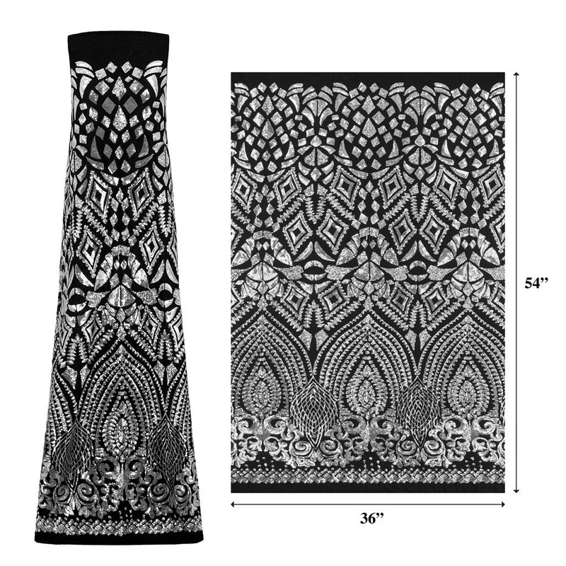 A measured panel of Cleopatra. Egyptian-inspired design with embroidered silver sequin on a black stretch mesh base.