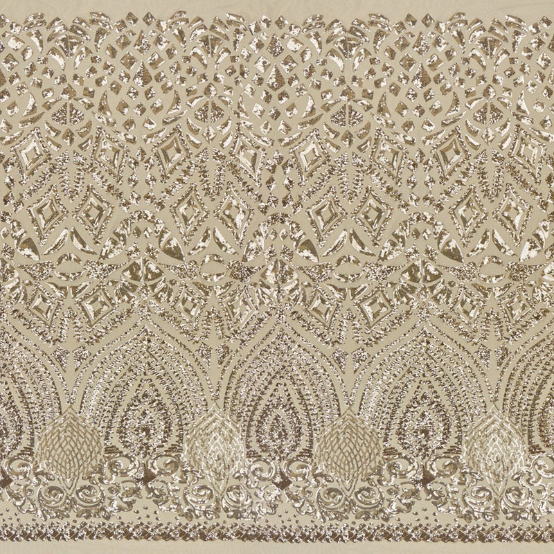 A panel of Cleopatra. Egyptian-inspired design with embroidered gold sequin on a tan stretch mesh base.
