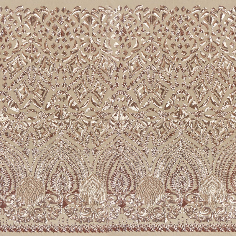 A panel of Cleopatra. Egyptian-inspired design with embroidered rose gold sequin on a tan stretch mesh base.