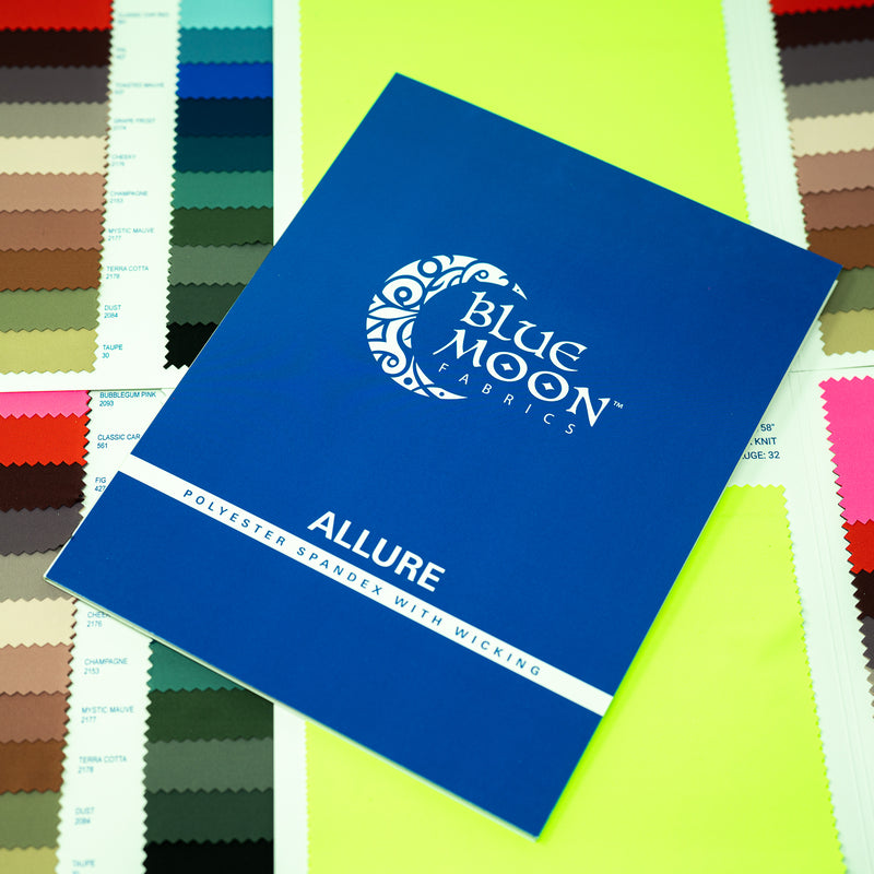 A flat cover sample of allure polyester spandex with wicking color card cover.