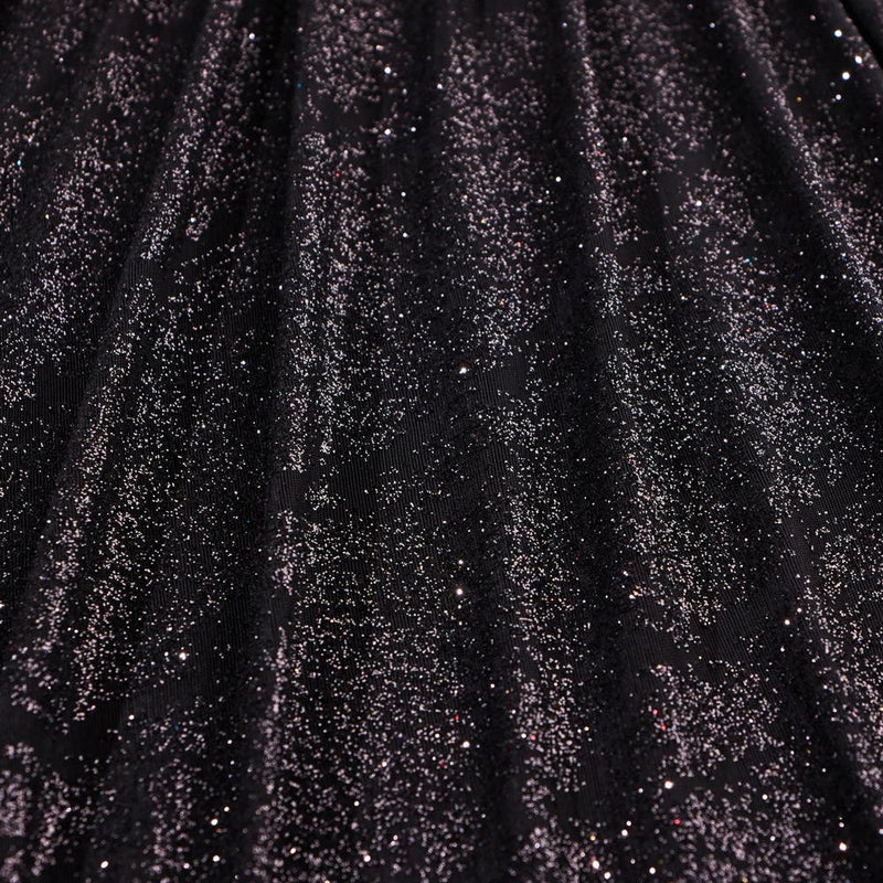 A draped sample of dancing snale glitter stretch mesh in the color black-black.