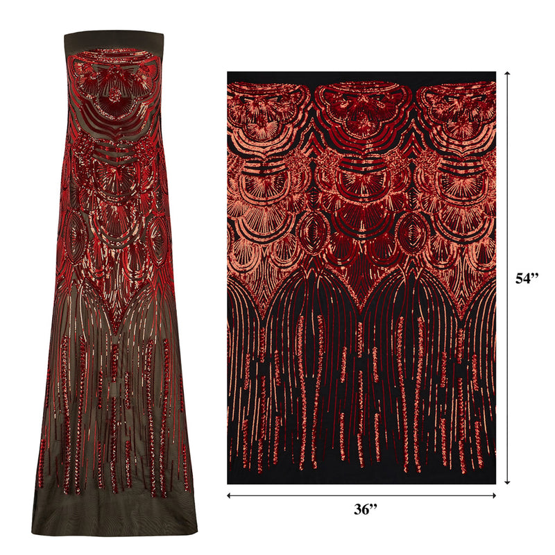 A measured panel of Gatsby, an Art Deco-inspired design with embroidered red sequin on a black stretch mesh base.
