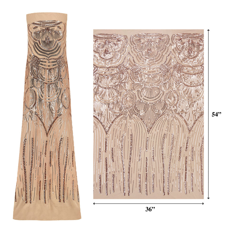 A measured panel of Gatsby, an Art Deco-inspired design with embroidered rose gold sequin on a tan stretch mesh base.