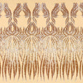 A panel of Icarus, an embroidered design of fanned flames with gold and silver sequin on a tan stretch mesh base.
