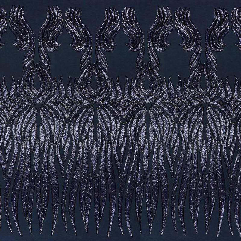 A panel of Icarus, an embroidered design of fanned flames with navy and black sequin on a navy stretch mesh base.