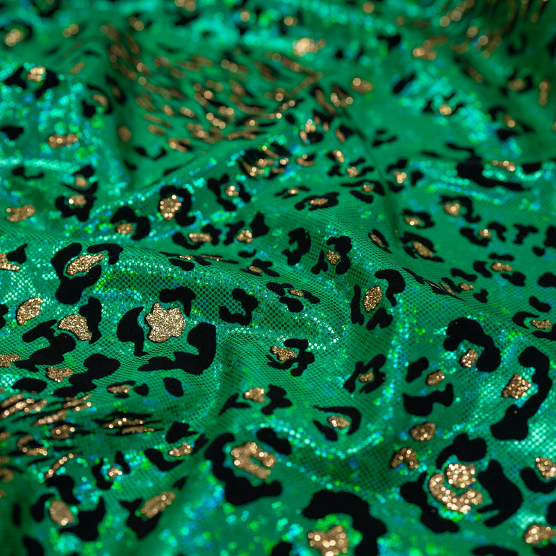 Detailed shot of Jag City Shattered Glass Foiled Spandex in the color Emerald green