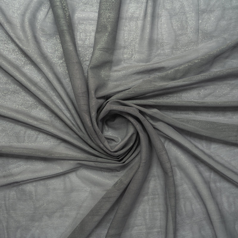 A swirled piece of Majestic Foiled Textured Stretch Mesh in the color Charcoal-Silver