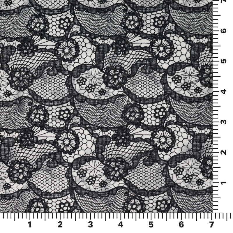 A measurement panel of Black Paisley Lace Pattern on White Printed Spandex
