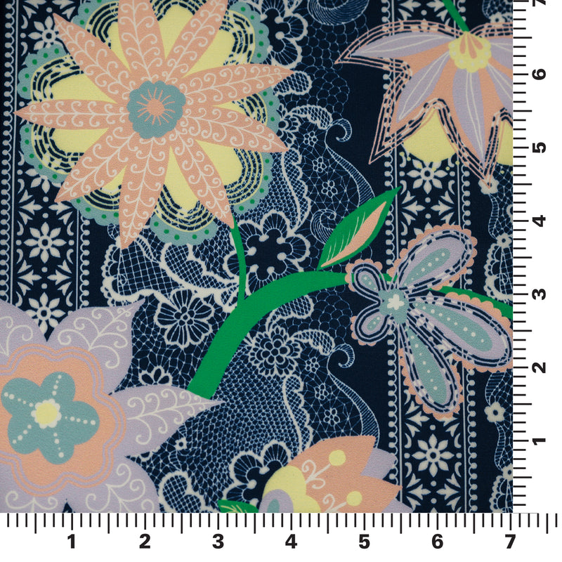 A measured panel 7" x7" piece of Chantilly Floral Lace Printed Spandex