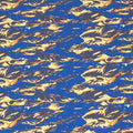 A flat sample of Abstract Topographic Printed Spandex in the colors Orange and Blue.