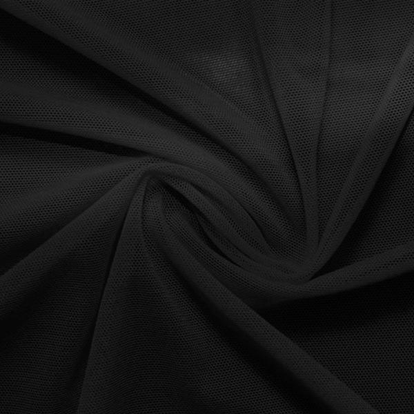 A swirled piece of nylon spandex power mesh in the color black.