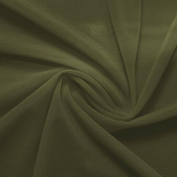 A swirled piece of nylon spandex power mesh in the color olive green.