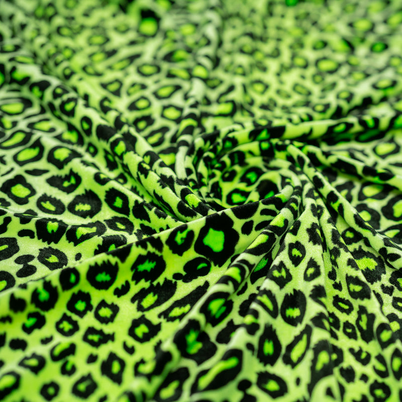 Detailed shot of Pug Leopard Stretch Velvet in color Lime/Black