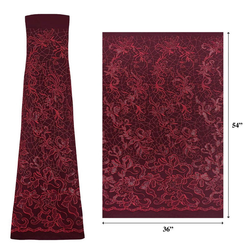 A measured panel of Renaissance, an embroidered design of leaves and vines with burgundy sequin on a burgundy stretch mesh base.