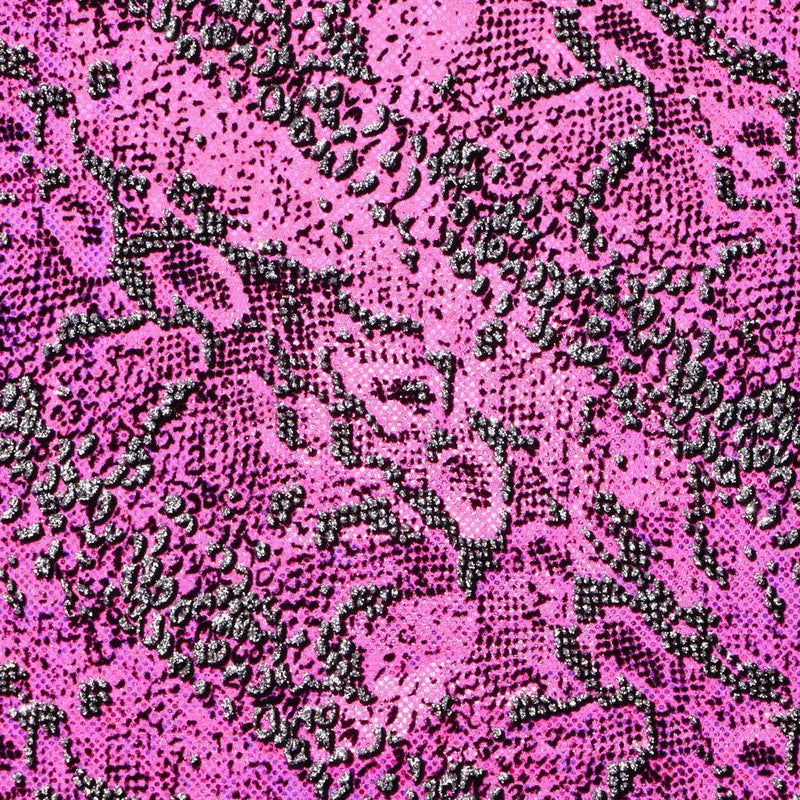 A flat sample of shakira shattered glass foiled spandex in the color pink.