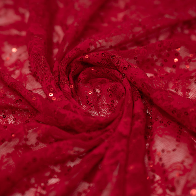A swirled sample of Sophia Stretch Lace Sequin in Red.