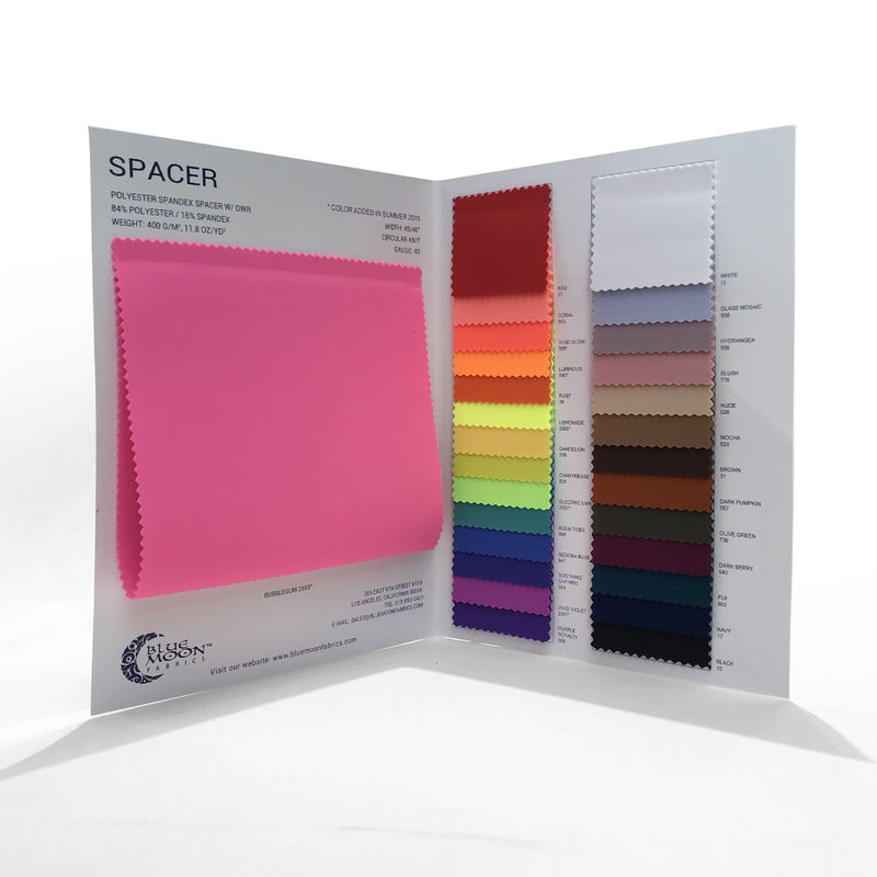 The inside spread of the color card of spacer scuba knit.