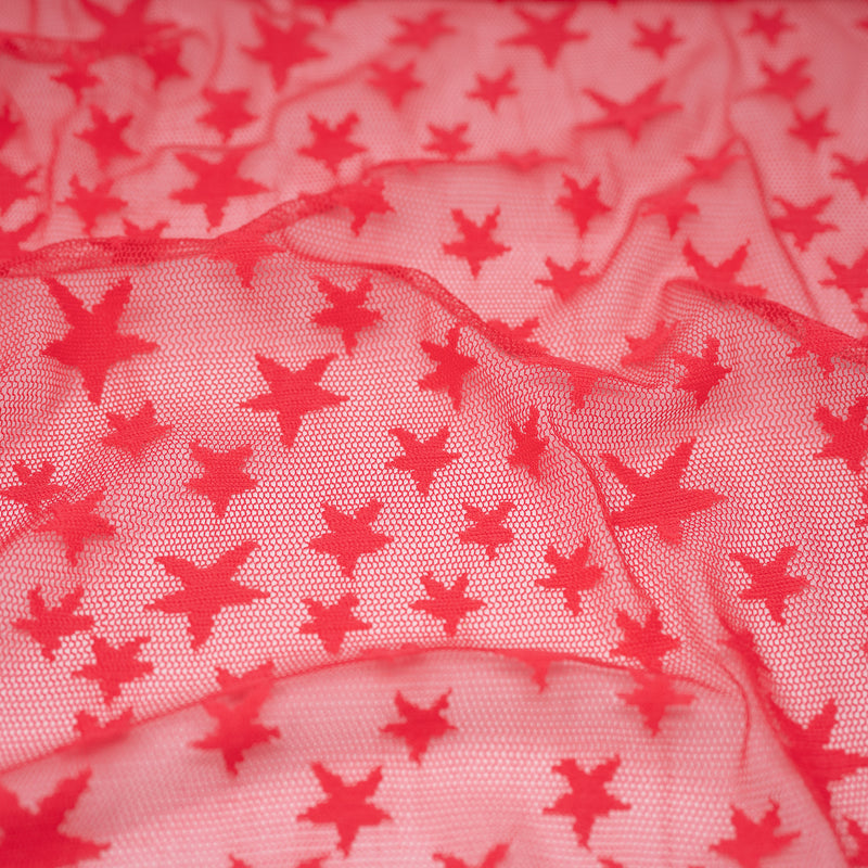 Detailed shot of Starry Knitted Stretch Lace in Deep Coral.