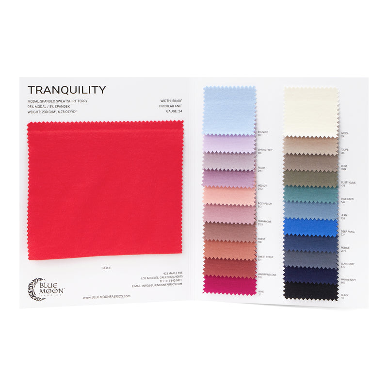 A sample of SPANDEX-INSIDE Tranquility Modal Spandex Color Card in Blue Moon Fabrics with all color options