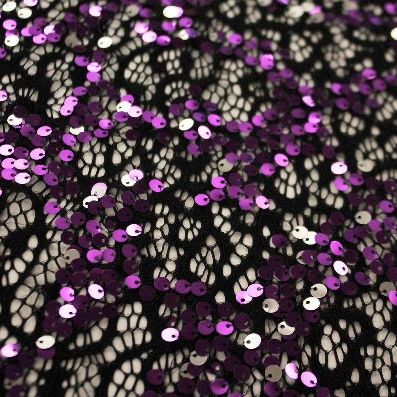 A flat sample of Tango Stretch Lace Sequin in the color Black-Purple-Silver