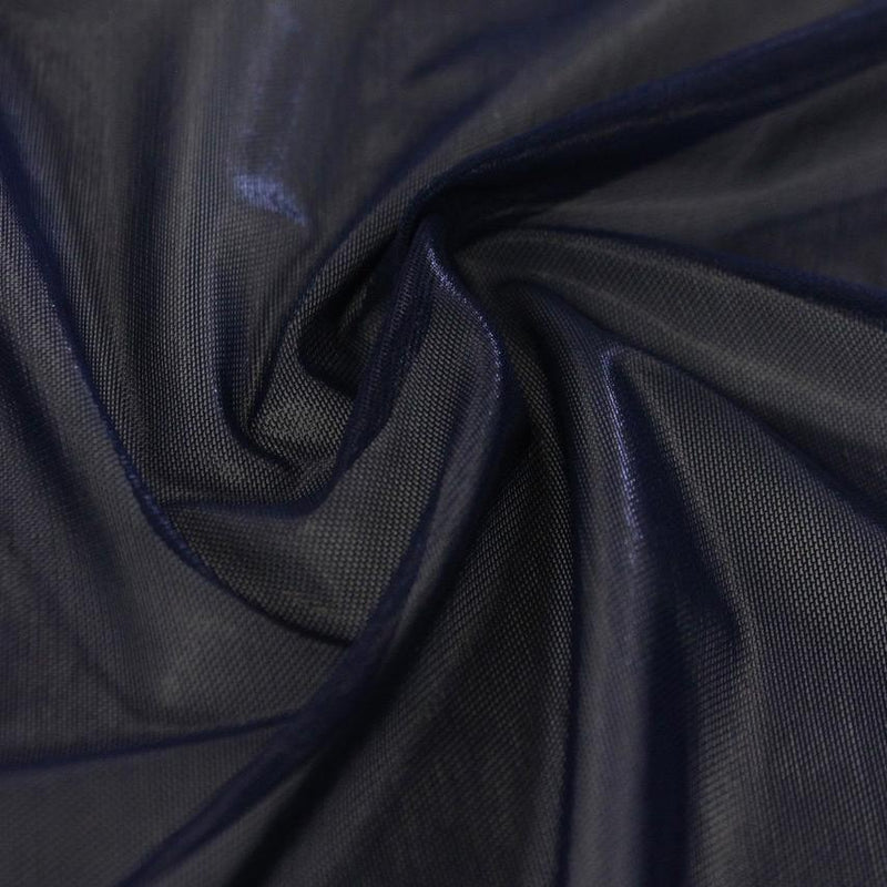 A swirled sample of ultrasheen foiled power mesh with a mesh navy and black foil available at Blue Moon Fabrics.
