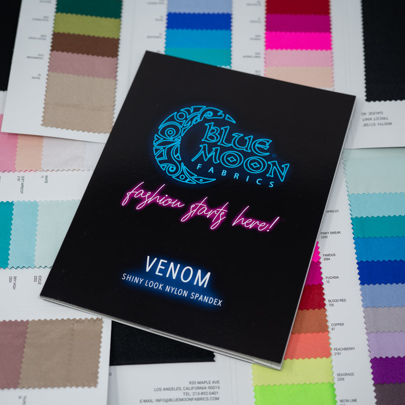 Cover shot of Venom Shiny Look Spandex Color Card of Blue Moon Fabrics with all color options.