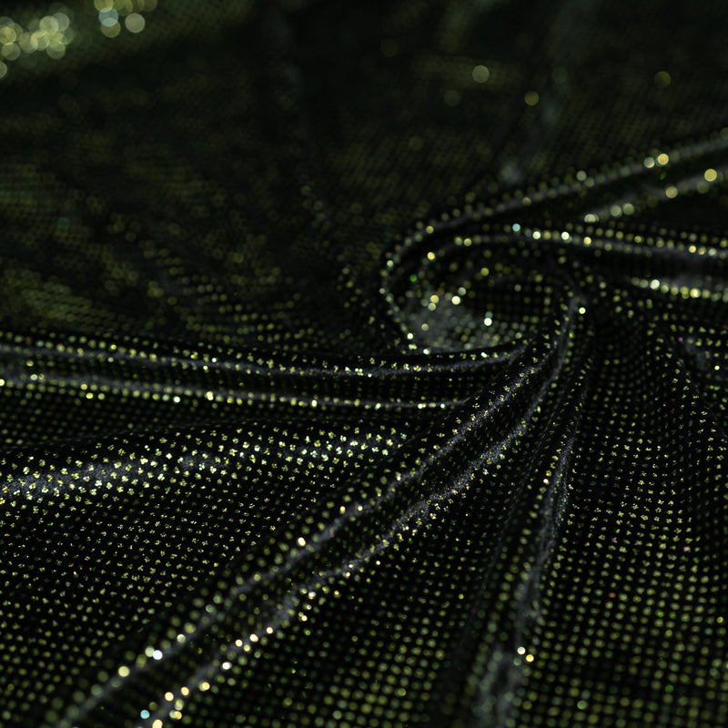 Swirled sample shot of Vivian Glitter Printed Stretch Velvet in the color  Black-Olive