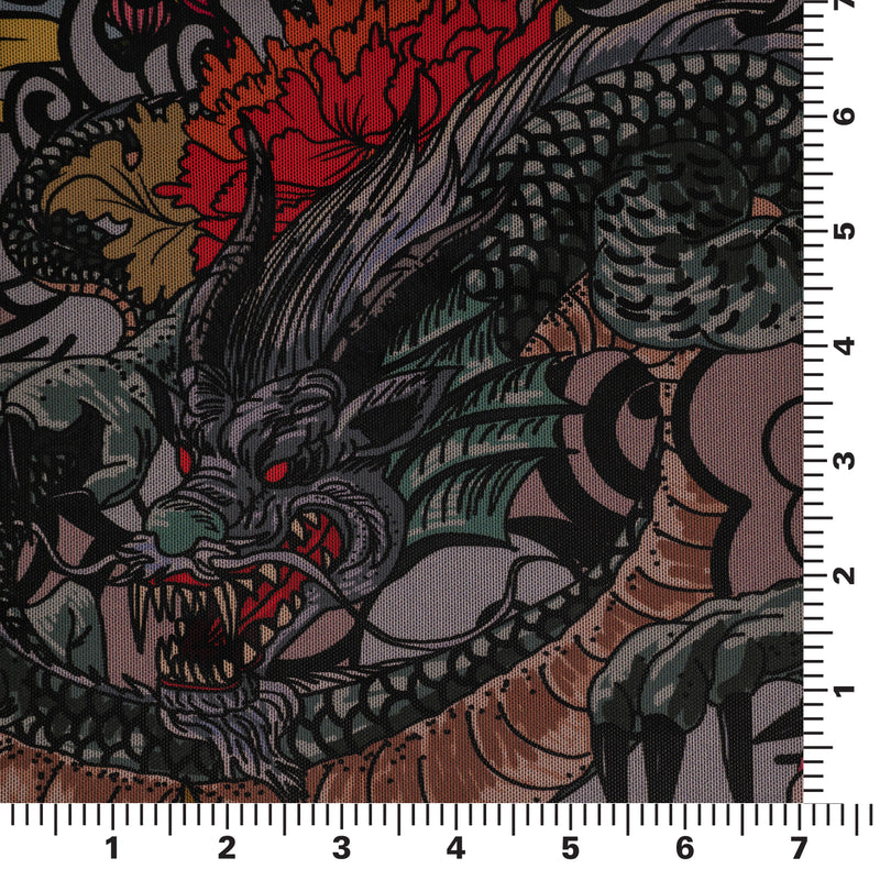 A measured panel 7" x7" piece of Japanese Dragon on Floral Tattoo Printed Power Mesh