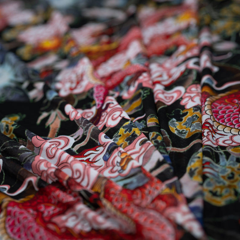 Detailed interior shot of Red Dragon on Japanese Garden Tattoo Printed Power Mesh