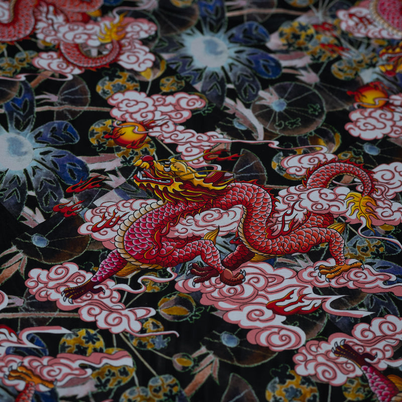 A flat sample of Red Dragon on Japanese Garden Tattoo Printed Power Mesh