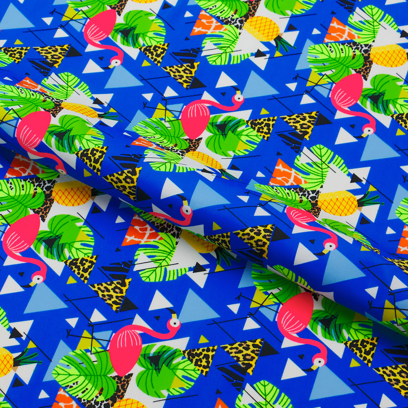 Geometric Flamingo Printed Spandex Fabric | Blue Moon Fabrics