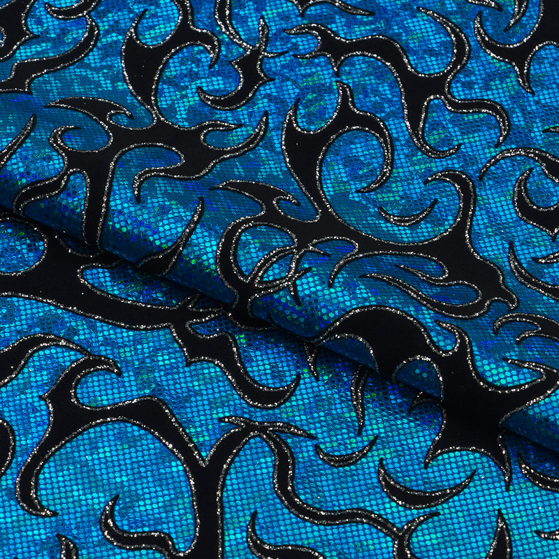 Flame Flocked Hologram Spandex Fabric | Blue Moon Fabrics