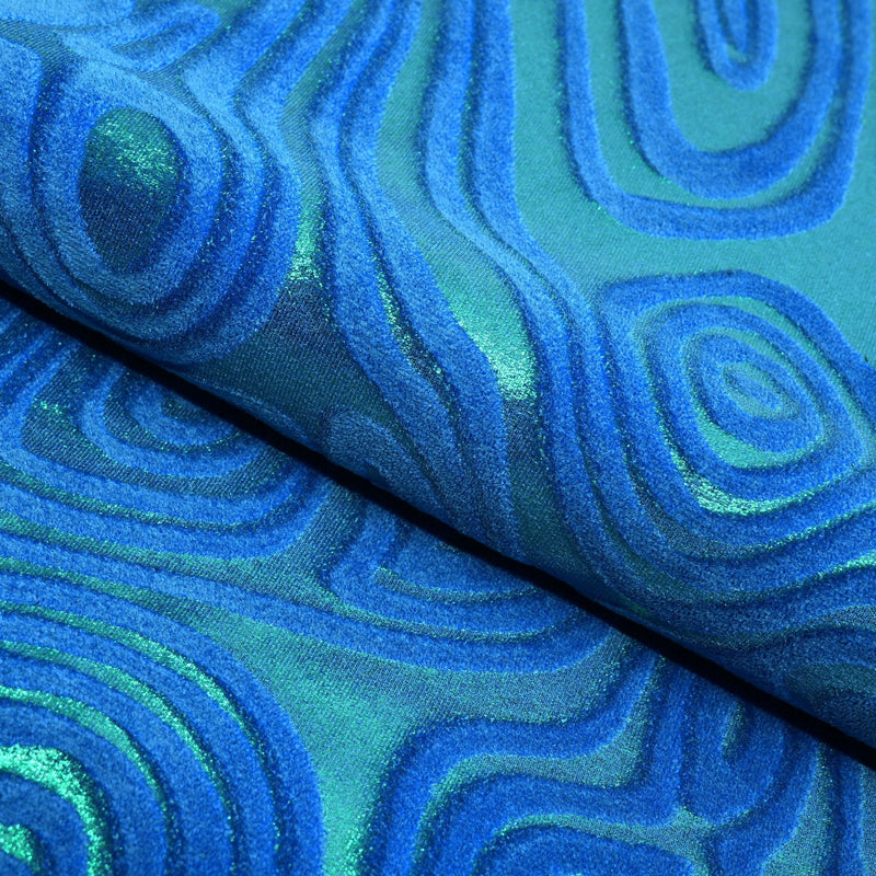 Sonic Swirl Embossed Foiled on Stretch Velvet Fabric | Blue Moon Fabrics