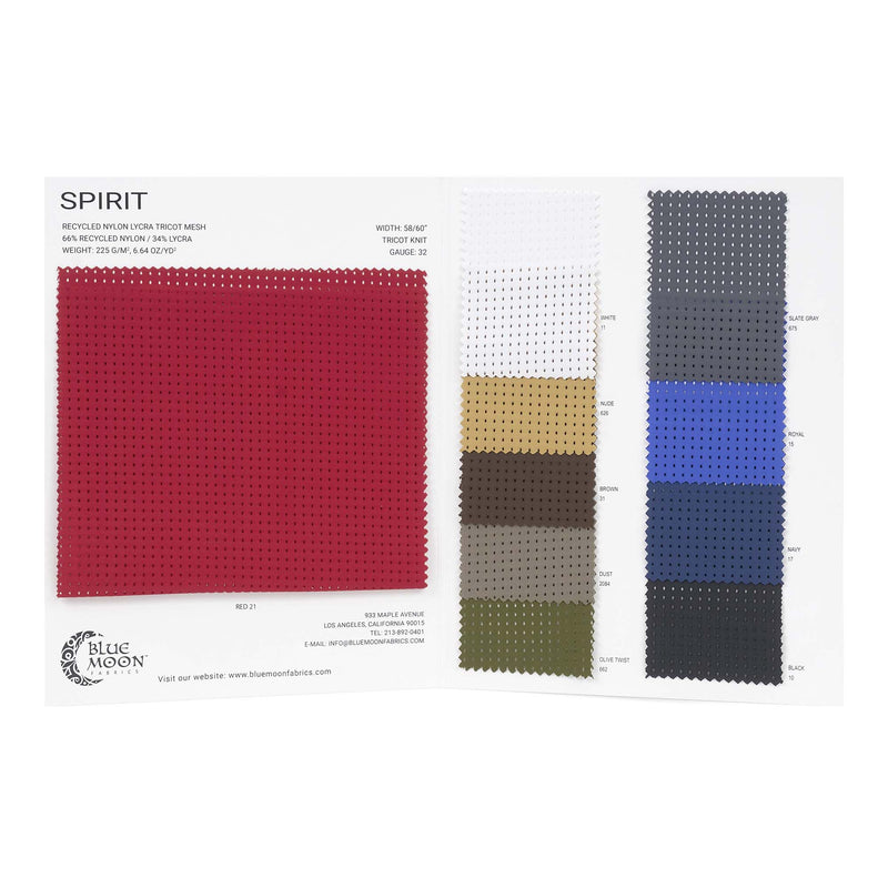 A Color Card consisting swatches of Spirit Recycled Nylon Lycra Tricot Mesh.