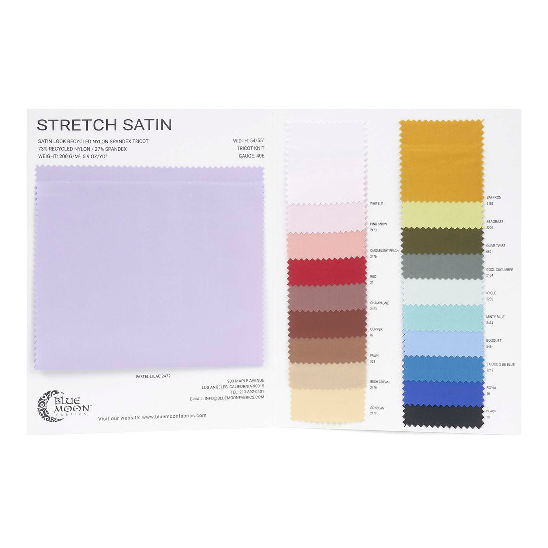 Stretch Satin Look Recycled Nylon Spandex Color Card | Blue Moon Fabri