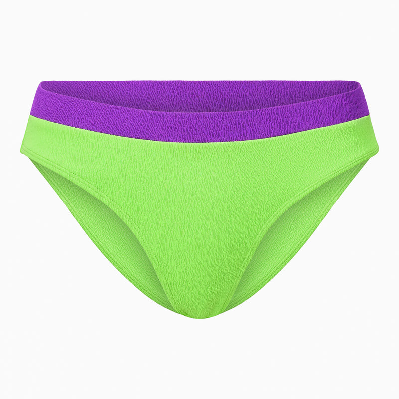 A bikini bottom made of Scrunch Textured Recycled Nylon Spandex Fabric in color Electric Lime & Electric Purple.