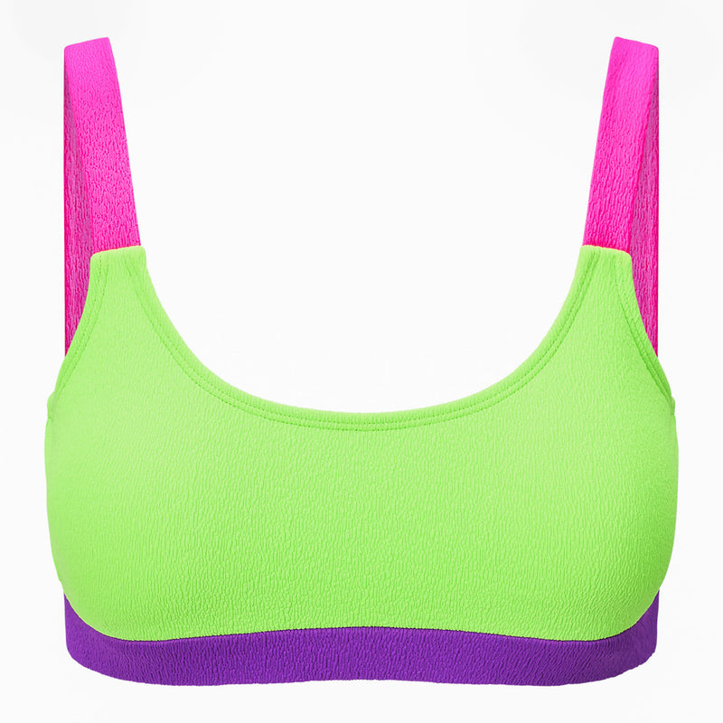 A sample of sports bra made of Scrunch Textured Recycled Nylon Spandex Fabric in color Electric Lime, Electric Purple & Fuchsia.