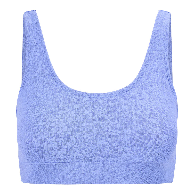 A sample of sports bra made using Scrunch Textured Recycled Nylon Spandex Fabric in color persian jewel.