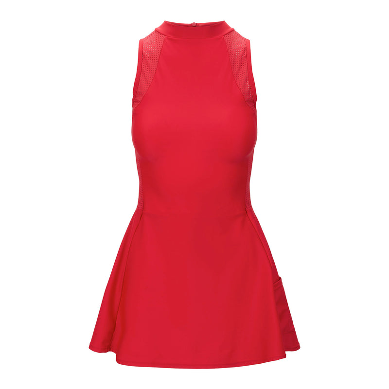 A sample dress made of Spirit Recycled Nylon Lycra Tricot Mesh Fabric in color of Red.
