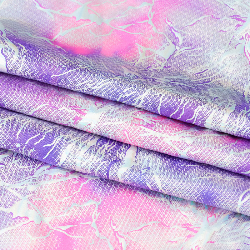 A foiled sample of Tie Dye Thunder Hologram Spandex Fabric in color purple/hot pink/silver .