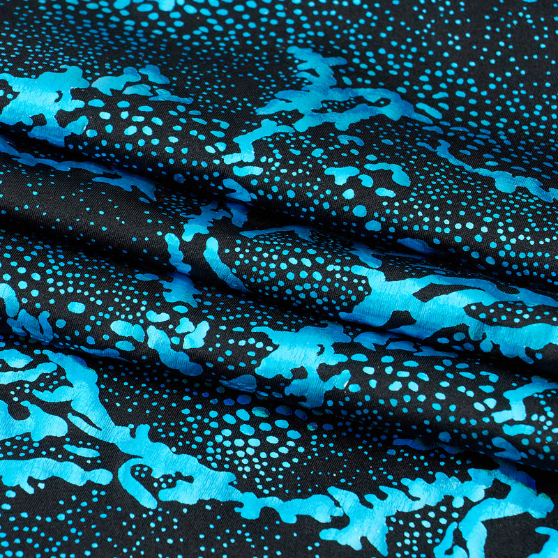 A folded sample of Metallic Reef Hologram Spandex Fabric in the color Black/Turq
